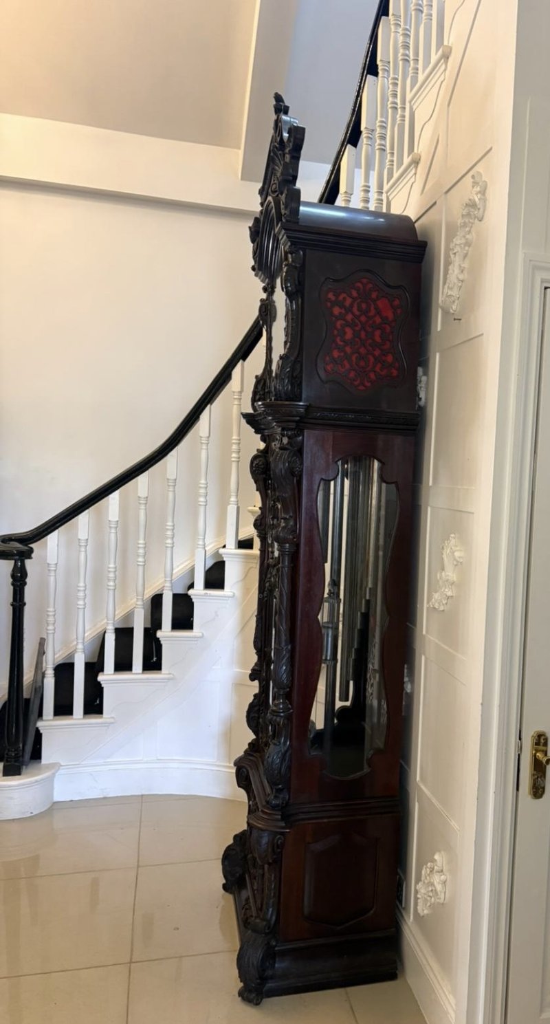 Antique Exhibition Quality Carved Mahogany Nine Tube Chiming Longcase Clock - Image 3